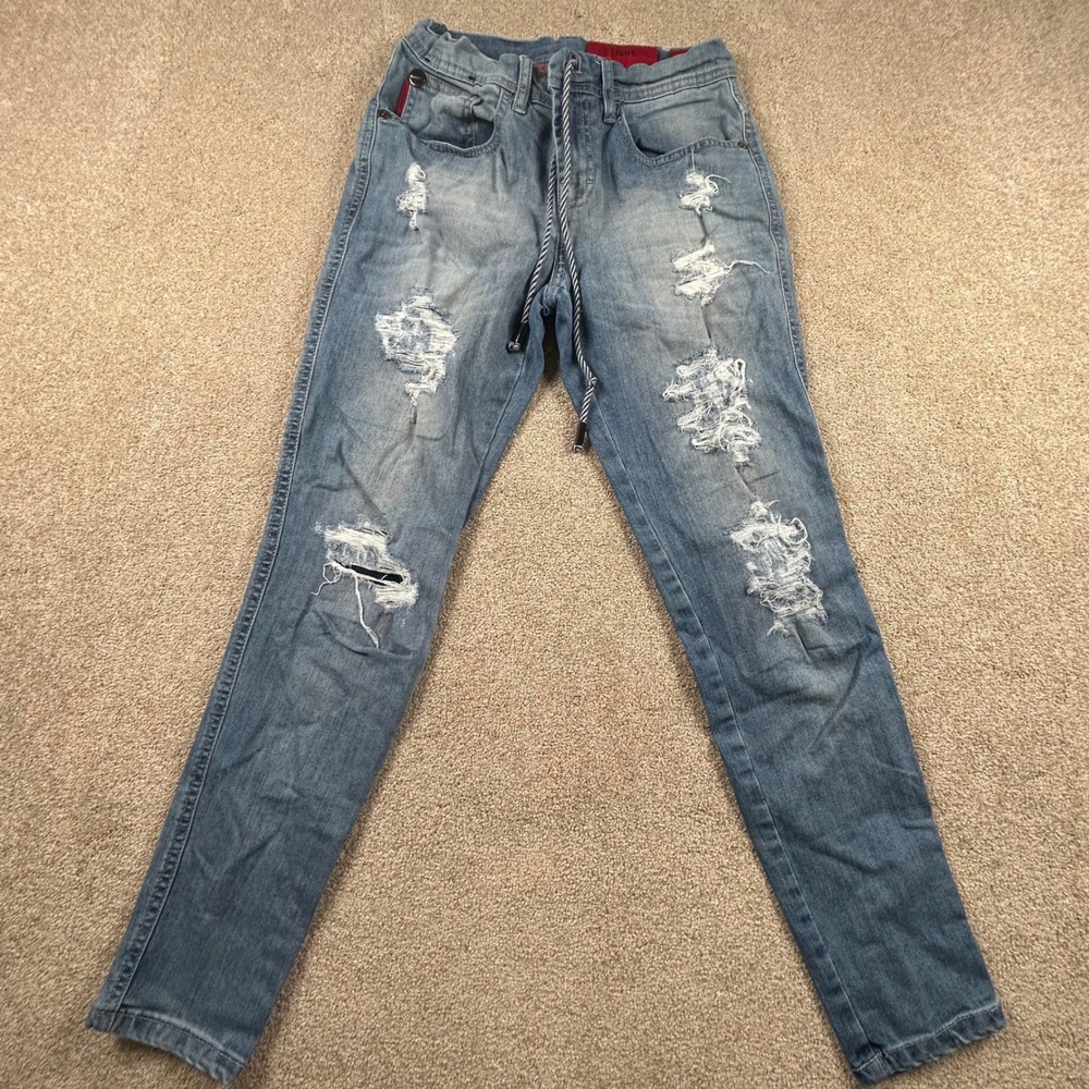 Ellus Premium Denim Distressed Drawstring Jeans Blue Tapered‎ Size 32 22 0967